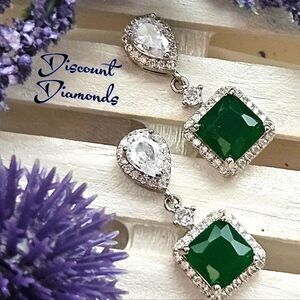 Emerald & Clear White Tear Drop  Diamonds & White Baguette Diamond Earrings 925